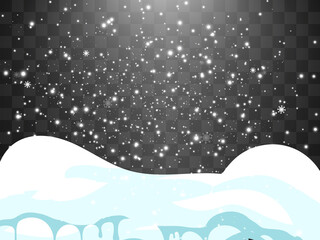 Set of snow caps or snowdrifts. Snowfall and snowflakes on a winter background.