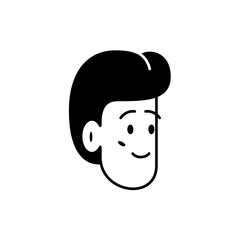 Portrait of a smiling boy. Vector black and white illustration of a face of a happy smiling boy with a stylish haircut. Simple icon image of mans face to use as an avatar or character portrait