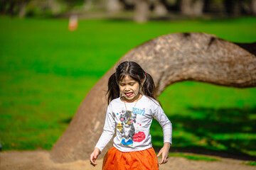 young little girl having fun with the ducks on the park