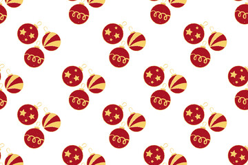 Seamless pattern with Christmas tree toys in red and golden on white background 