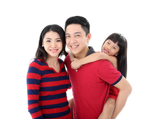 Southeast Asian family parents daughter father mother child pose happy stand piggyback on white background
