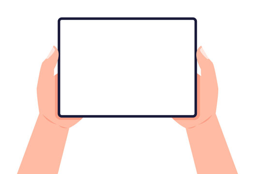 Tablet in female hands. Two hands holding tablet. Vector illustration.