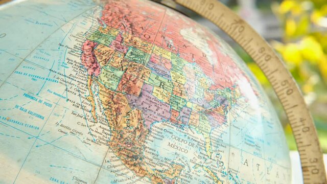close up  of Old Terrestrial Globe , Terrestrial Globe Rotating in 360 degrees, Terrestrial globe rotates