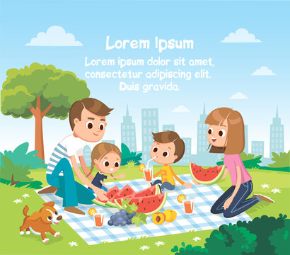 Vector portrait of happy family of 4 four members on picnic on blanket parents mom dad and 2 two children kids son daughter spending time, having meal food weekend isolated