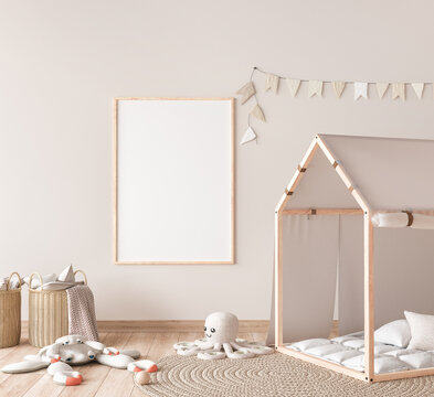 Mock up poster frame in children room with natural wooden furniture on beige background, 3d render