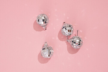 disco ball pattern on pink background. 90s retro party concept.
