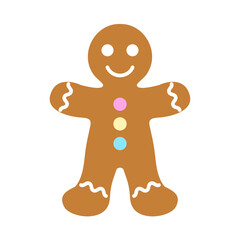 Christmas gingerbread man cookie. Ginger bread man with white, pink, yellow and blue icing decoration. Vector cartoon illustration in flat style. Christmas and New Year vector icon. Xmas symbol