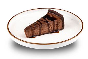 Dessert. Piece of cake on light plate close up on white isolated background