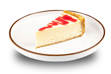 Dessert. Piece of cake on light plate close up on white isolated background