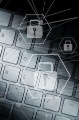 パソコンのキーボード　インターネットセキュリティとデータ保護　個人情報　サイバーセキュリティ　DX デジタルトランスフォーメーションの概念