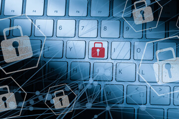 パソコンのキーボード　インターネットセキュリティとデータ保護　個人情報　サイバーセキュリティ　DX デジタルトランスフォーメーションの概念