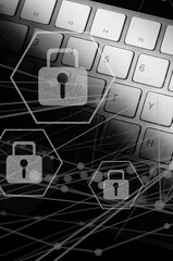 パソコンのキーボード　インターネットセキュリティとデータ保護　個人情報　サイバーセキュリティ　DX デジタルトランスフォーメーションの概念