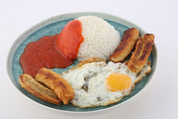 rice with fried eggs tomato sauce and fried banana