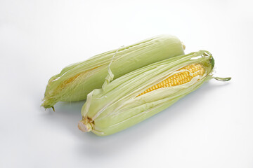 Ripe ears of corn on a white background.