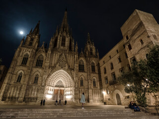 Fototapeta na wymiar Paisaje urbano de la antigua catedral de Barcelona por la noche