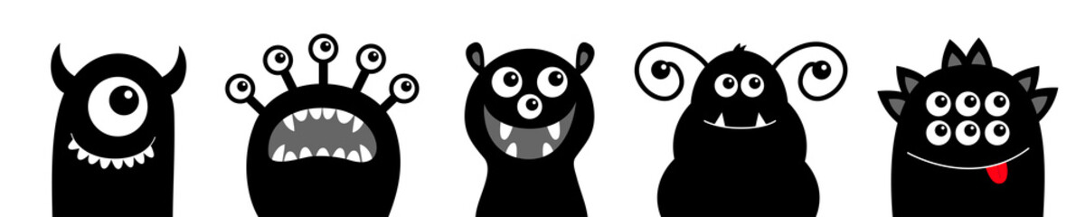 Monster icon set line. Happy Halloween. Funny face head black silhouette. Cute cartoon kawaii baby character. Eyes teeth fang tongue. Flat design. White background.