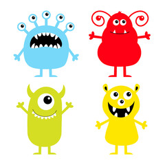 Monster icon set. Happy Halloween. Cute cartoon kawaii baby character. Funny face head colorful silhouette. Eyes teeth fang tongue, holding hands up down. Flat design. White background.