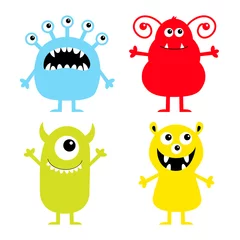 Fotobehang Monster icon set. Happy Halloween. Cute cartoon kawaii baby character. Funny face head colorful silhouette. Eyes teeth fang tongue, holding hands up down. Flat design. White background. © worldofvector