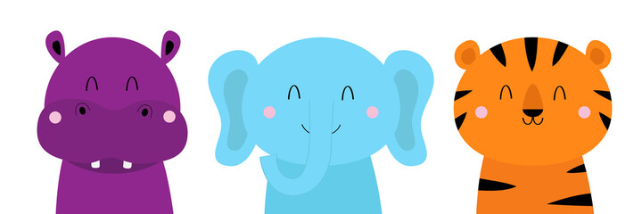 Tiger elephant, hippopotamus. Cute animal icon set. Hippo, river-horse, Kawaii cartoon character. Funny head face. Notebook cover tshirt. Baby greeting card print. White background. Flat design