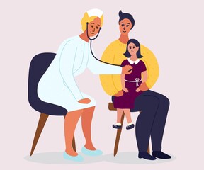 doctor s examination before vaccination or school. Blonde female pediatrician listens to a girl s lungs with a stethoscope. Kid is sitting on fathers hands. Cartoon vector illustration.