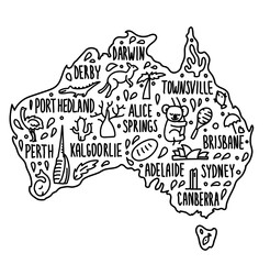 Australia cartoon travel map vector illustration. Hand drawn doodle australian city names lettering and cartoon landmarks, tourist attractions cliparts. travel, banner concept design