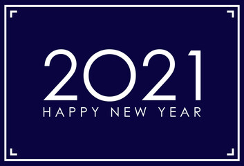 Concepto feliz año nuevo. Logotipo simple con texto Happy New Year 2021 en color blanco y fondo azul