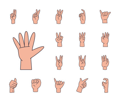 hand sign language alphabet line and fill style collection of icons vector design
