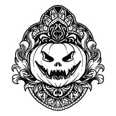 tattoo and t-shirt design black and white hand drawn pumpkin halloween engraving ornament premium vector