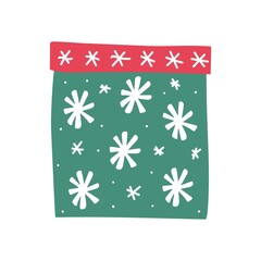 Christmas gift with bright white snowflakes. Funny green box with a red cap. Cartoon vector illustration isolated on a white background