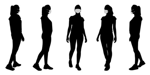 Vector concept conceptual  silhouette women taking while social distancing as means of prevention and protection against coronavirus contamination. A metaphor for the new normal.