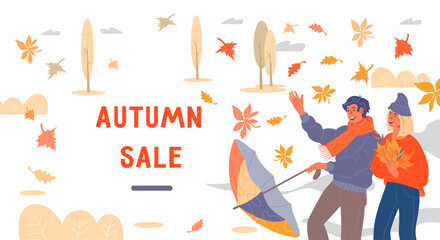 Web banner for autumn season sale or discount, seasonal clearance event with cartoon cheerful couple enjoying fall season weather. Young man and woman in autumn outfit, flat vector illustration.