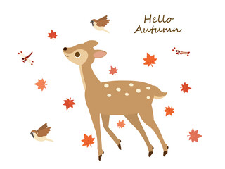 秋の動物たち 紅葉と鹿のイラスト