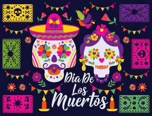 Dias de los Muertos typography banner vector. In English Feast of death. Mexico design for fiesta cards or party invitation, poster. Flowers traditional mexican frame with floral letters on dark