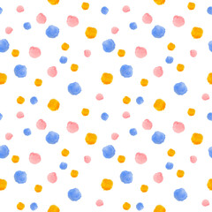 Pink, blue and yellow round spots. Abstract  watercolor hand drawn seamless pattern. Perfect for printing on to fabric, design packaging and cover.