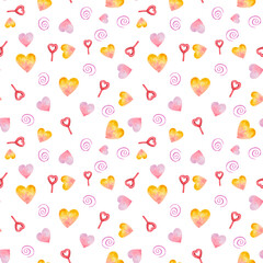 Watercolor hearts with pink heart shaped lollipops . Watercolor hand drawn pattern. Perfect for printing on the fabric, design package and cover