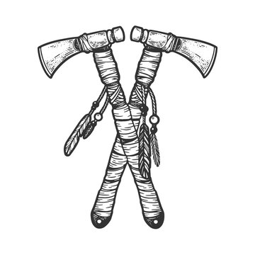 Tomahawk crossed sketch engraving vector illustration. T-shirt apparel print design. Scratch board imitation. Black and white hand drawn image.