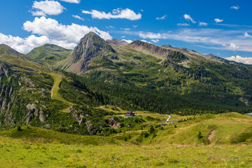 Naklejka premium Panorama picture over Passo Rolle in the Italian Alps and the surrounding meadows, forests and Dolomite peaks taken at the end of summer. Trentino, Italy