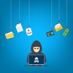 Hacker with laptop computer stealing confidential data, personal information and credit card detail. Hacking concept.	