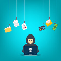 Hacker with laptop computer stealing confidential data, personal information and credit card detail. Hacking concept.	