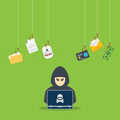 Hacker with laptop computer stealing confidential data, personal information and credit card detail. Hacking concept.	