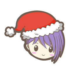 Cute cartoon Christmas boy with red hat, icon emoji element on white silhouette. Decoration for logo, card and any design. Vector illustration about holiday.