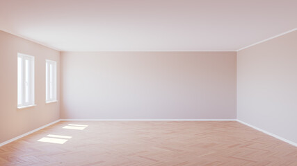 Beautiful Empty Interior with Parquet Floor, Two Plastic Windows, Beige Walls and Plinth, Lit by the Sun, 3d Illustration
