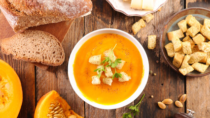 pumpkin soup with crouton and cheese