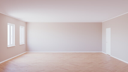 Empty Interior with Parquet Floor, Two Windows, Beige Walls, White Door and White Plinth, 3d Illustration
