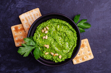 Green sauce in a ceramic bowl