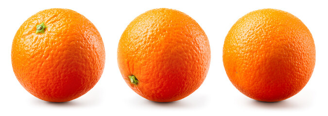 Orange fruit isolate. Orange citrus on white background. Whole orange fruit set. Full depth of field.