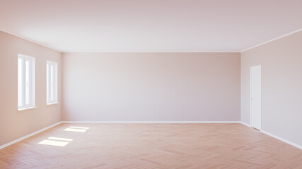 Fototapeta na wymiar Beautiful Empty Interior with Parquet Floor, Two Plastic Windows, Beige Walls, White Door and White Baseboard, Lit by the Sun, 3d render 