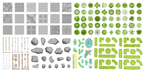 Set of park elements. (Top view) Collection for landscape design, plan, maps. (View from above) Fences, paths, stones and trees.