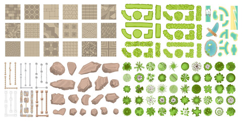 Set of park elements. (Top view) Collection for landscape design, plan, maps. (View from above) Fences, paths, stones and trees.