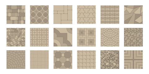 A set of street pavement. Top view. Collection of seamless patterns. Paving slabs. View from above.
